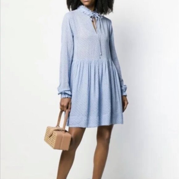 Ganni Blue Floral High Neck Mini Dress - Picture 2 of 15